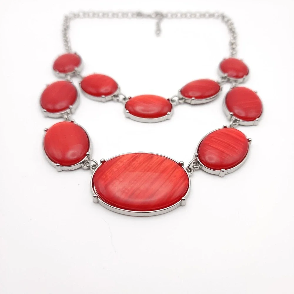 Charming Charlie Silver Tone‎ Necklace Red Oval Cabochon Bib